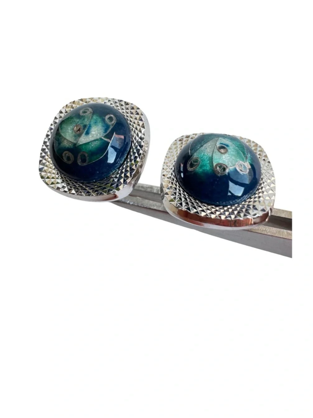 Vintage Japanese Cloisonne Cufflinks Tie Clip Set Blue Green Enamel Formal Groom